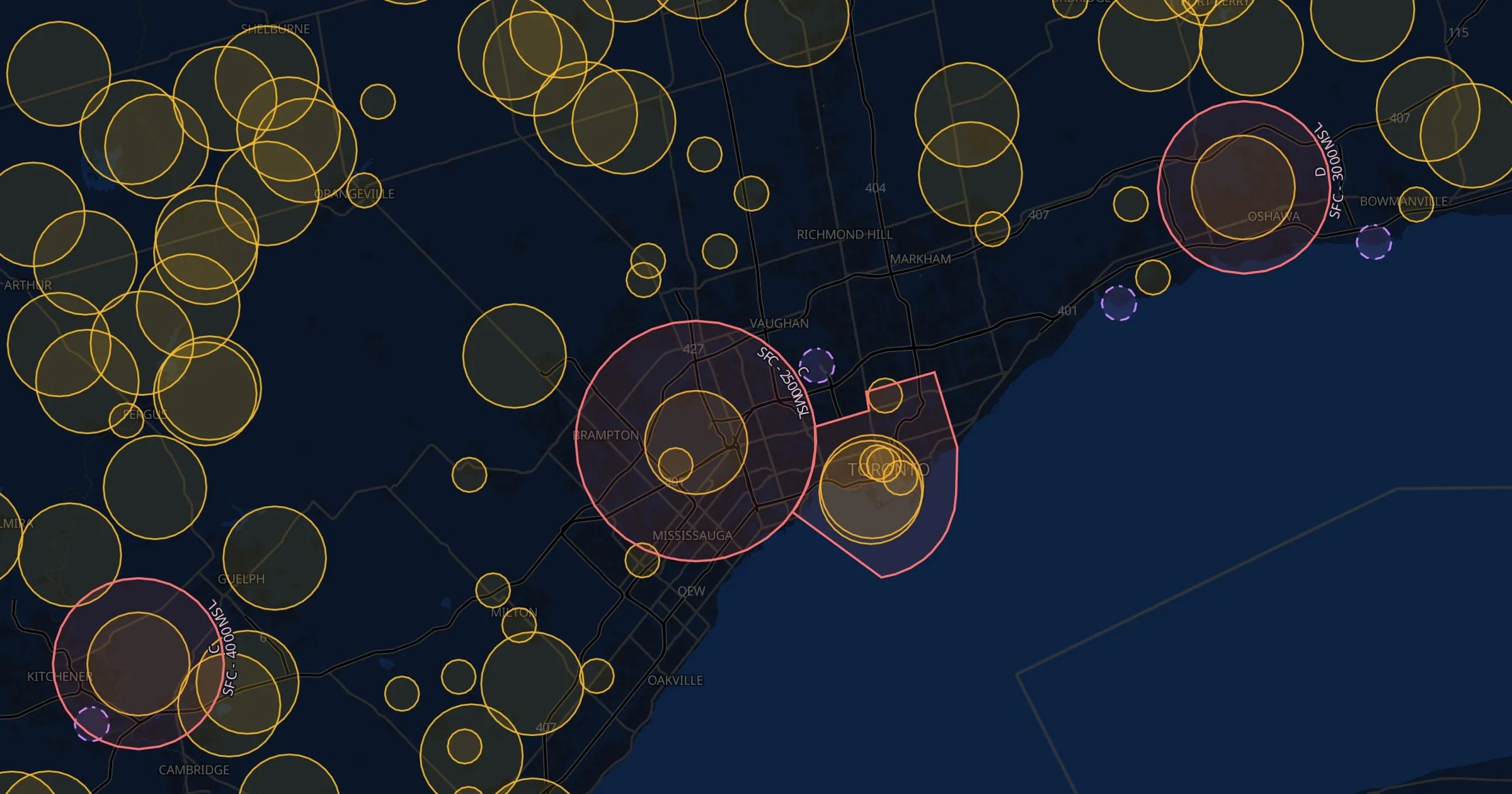 Airspace Explorer map of controlled airspace and aerodromes around Toronto