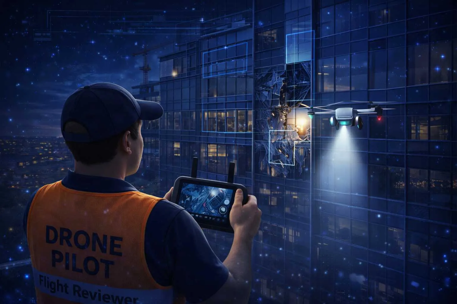 Drone pilot conducting a building inspection