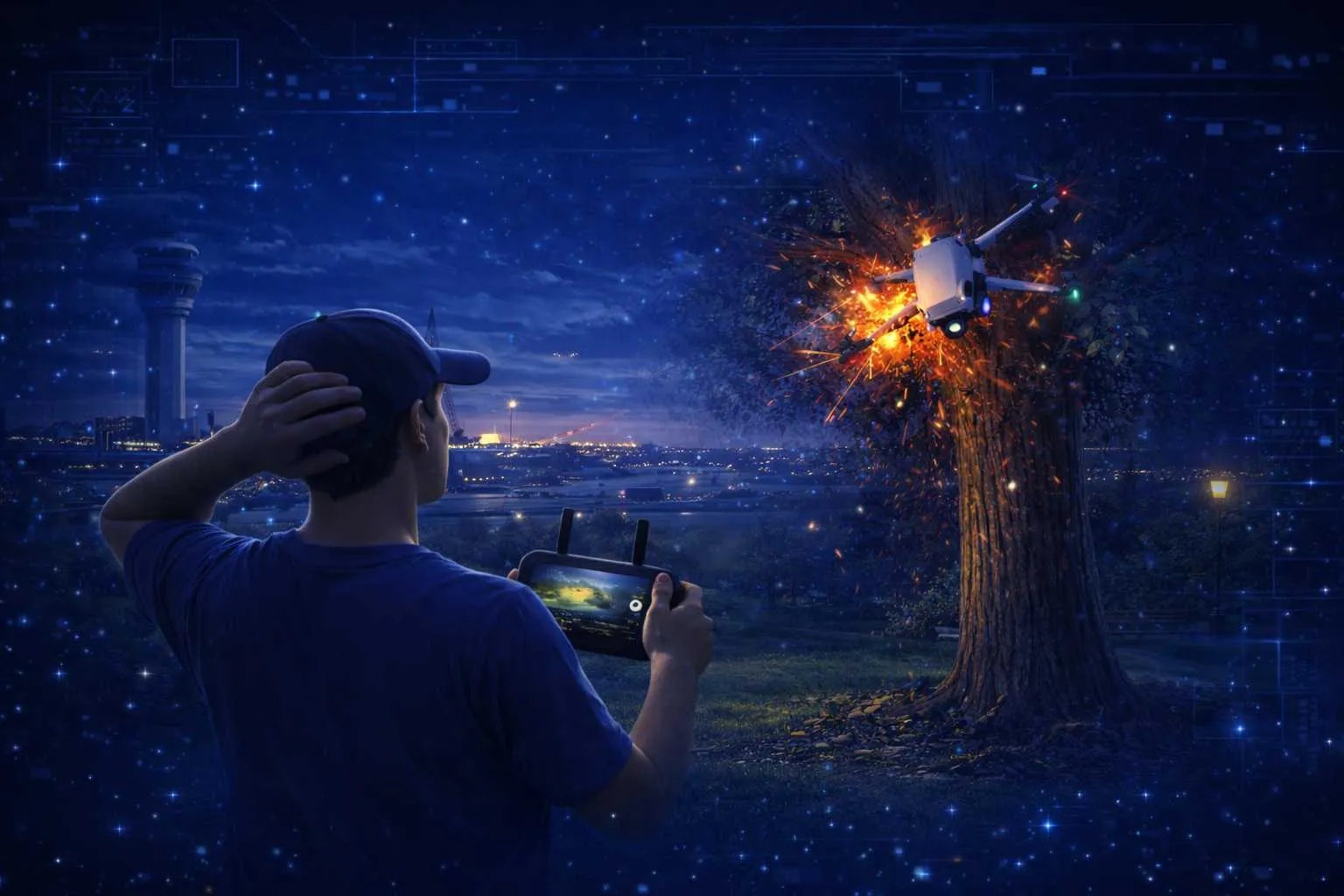 Escena de accidente de dron que ilustra la importancia de la cobertura de protección FlySafe