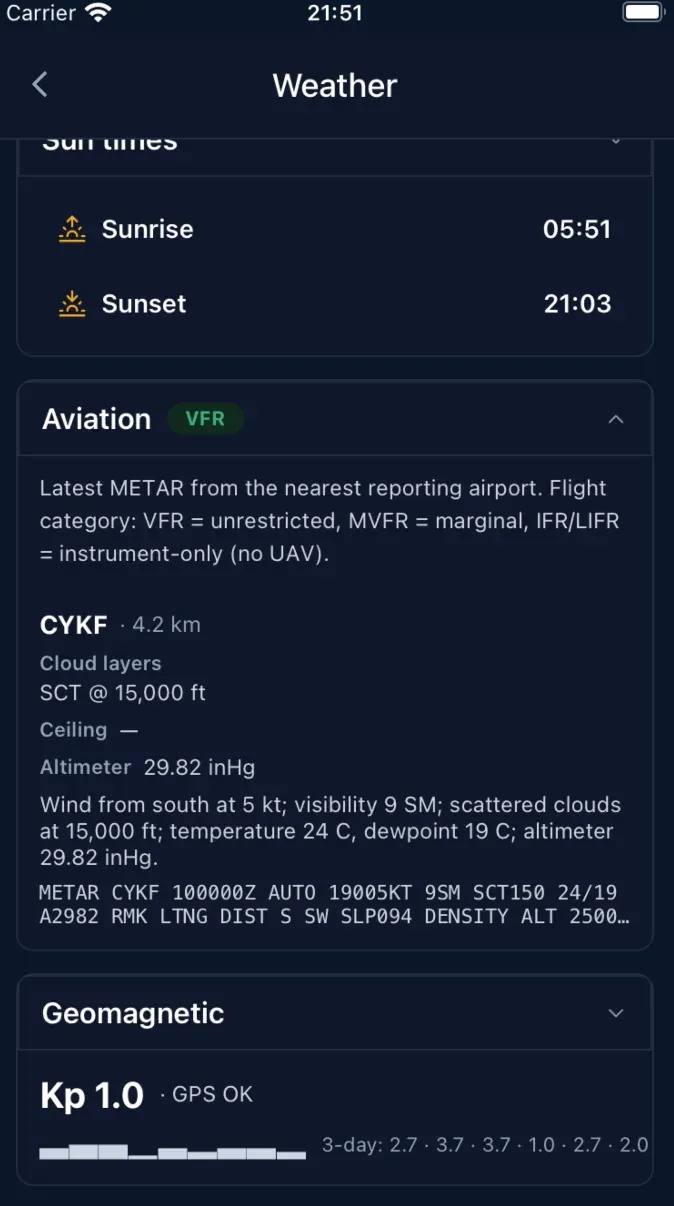 Le METAR et le plafond de l'aérodrome le plus proche, décodés