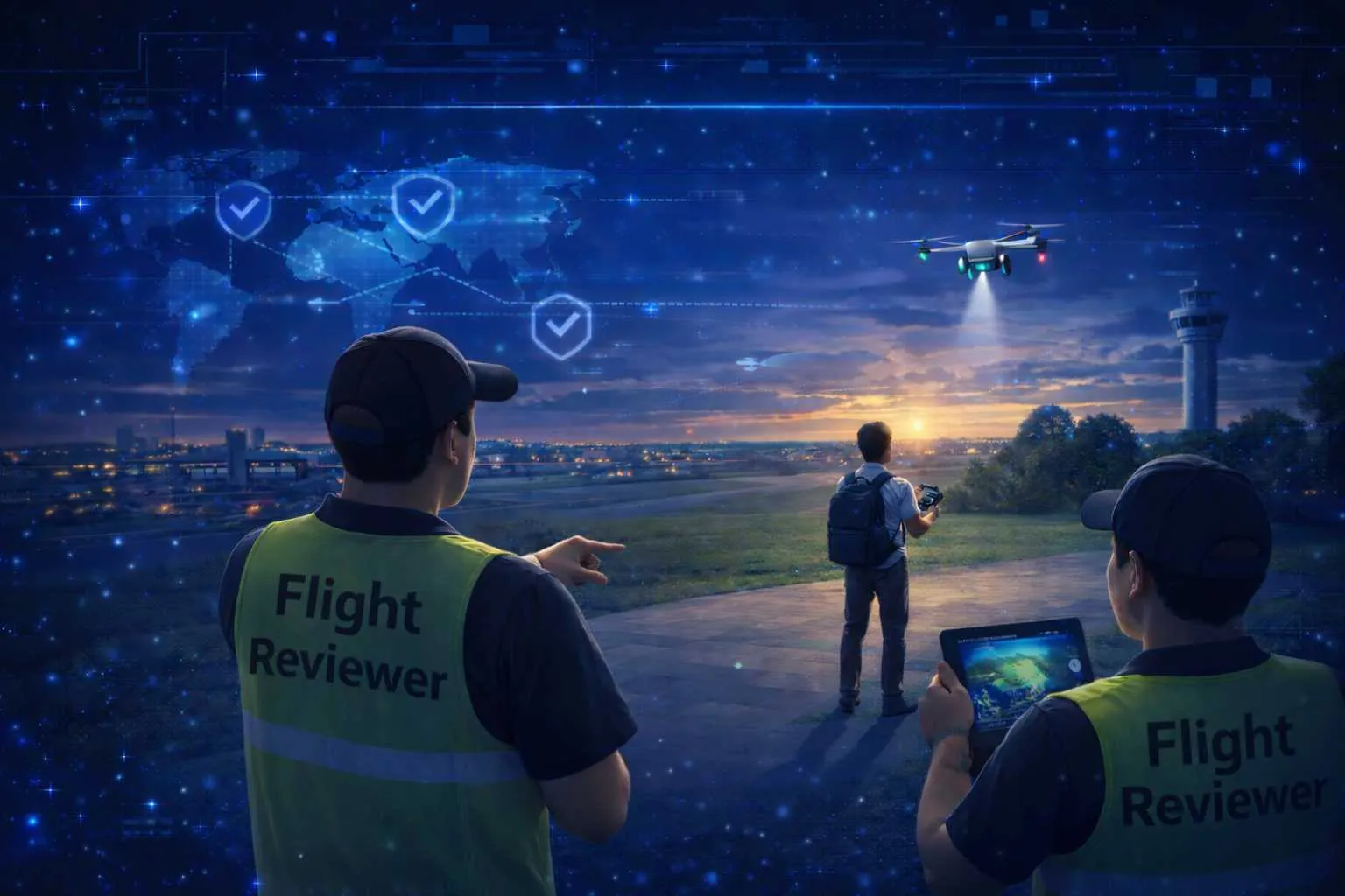 A flight reviewer observing a candidate pilot