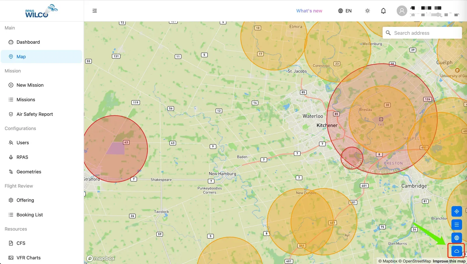 Le tiroir Météo ouvert sur une page de carte web