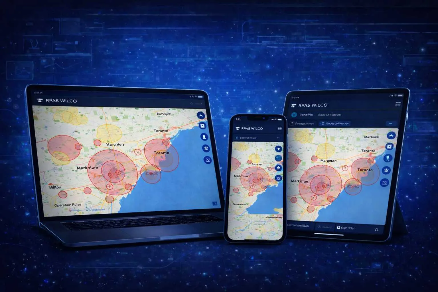 Vue cartographique RPAS WILCO montrant les zones d’espace aérien en temps réel et l’action Créer une Étude de Site